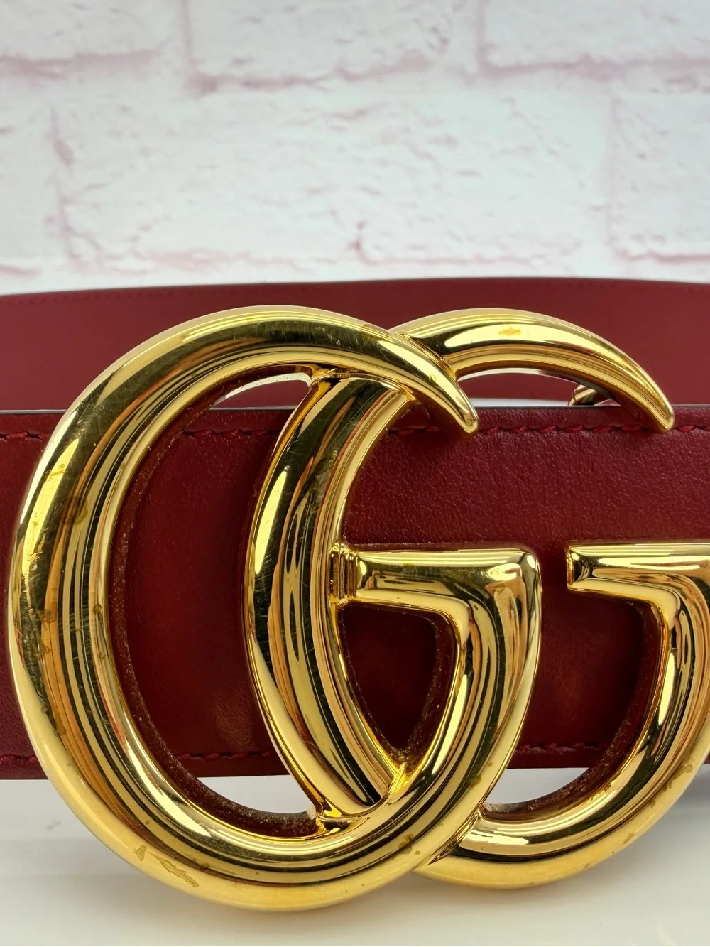 Authentic Gucci GG Marmont Wide Red Leather Belt Gold Buckle 406831 75/30